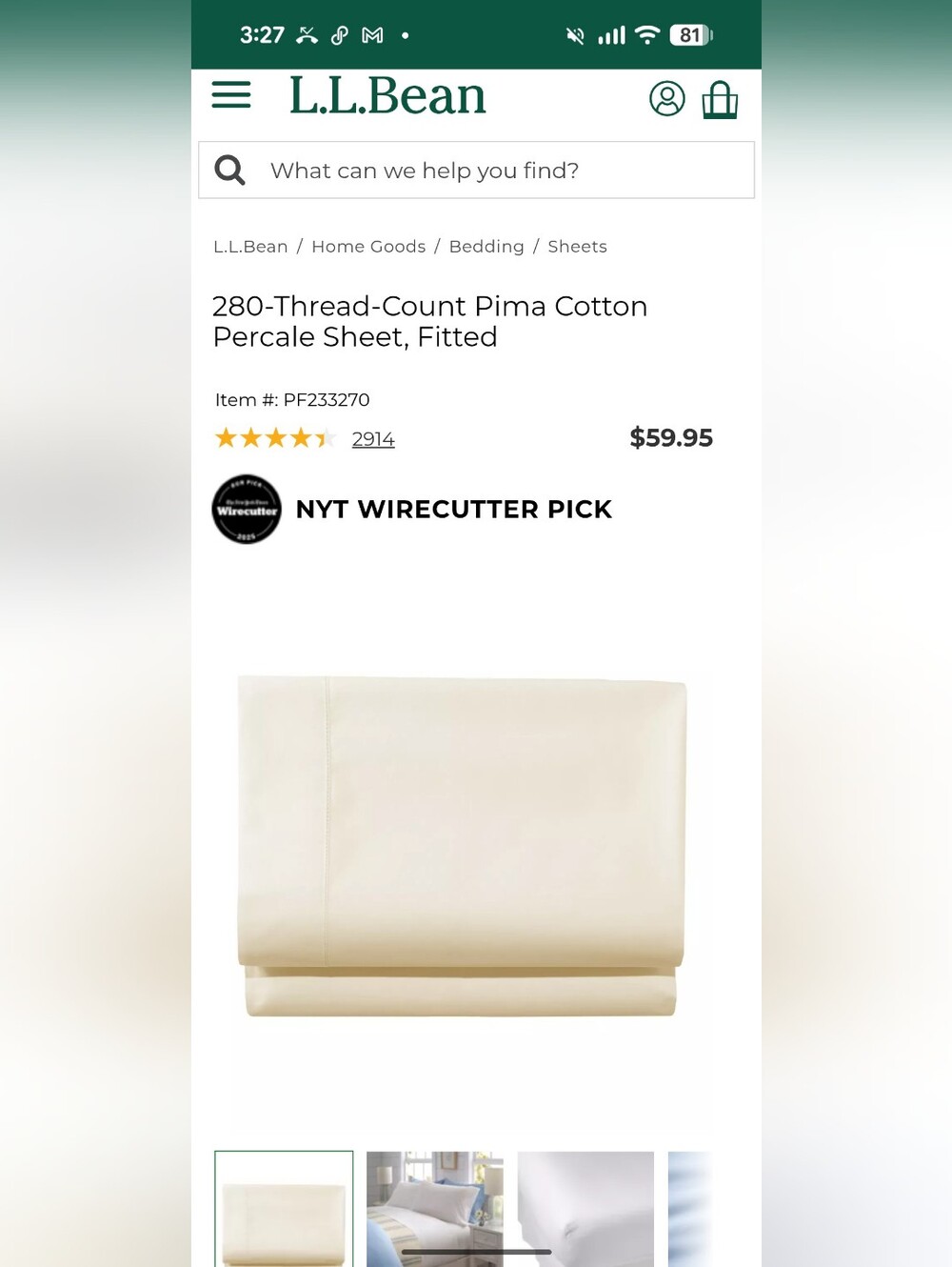 L.L. Bean Pima Cotton Percale Fitted Sheet in Cream Full-sized